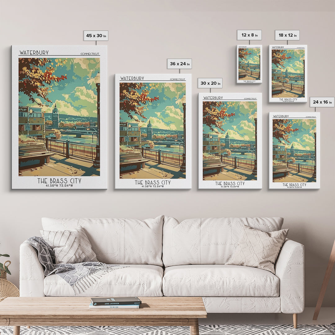 Waterbury Travel Poster, Framed Canvas Print, City Art Print, Travel Wall Art, Travel Art Print, Watercolor Cityscape, Landscape Art