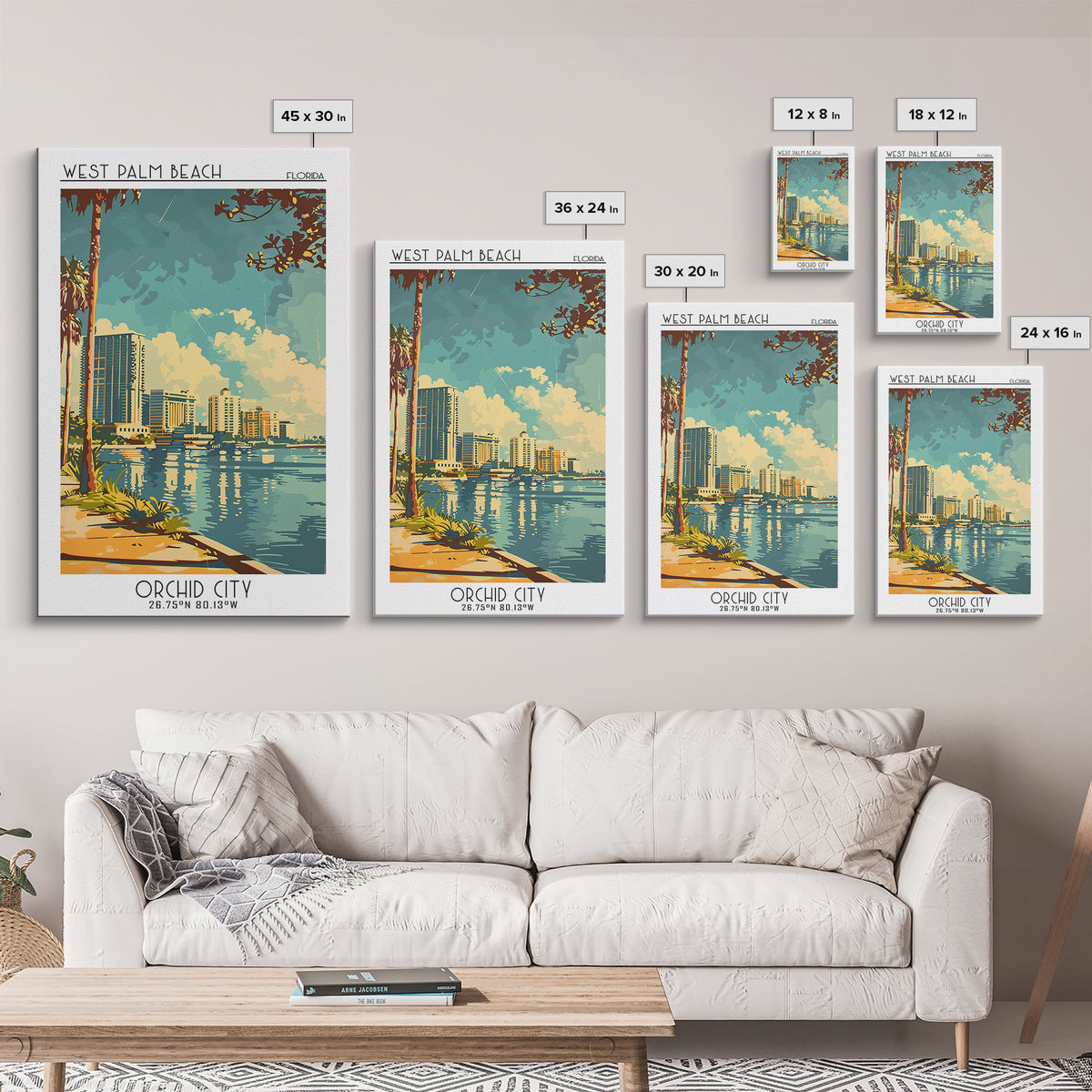 West Palm Beach Travel Poster, Framed Canvas Print, City Travel Poster, Travel Wall Decor, Landscape Art, Wall Art, Gallery Wall Set