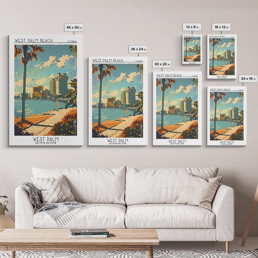 West Palm Beach Florida Travel Poster, Framed Canvas Print, City Travel Poster, Travel Wall Decor, Modern Wall Decor, Retro Wall Art