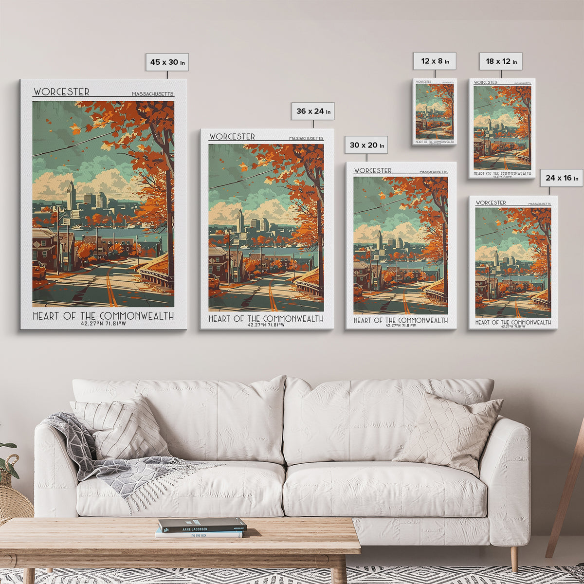 Worcester Massachusetts Travel Poster, Framed Canvas Print, Travel Prints, Landscape Art, Watercolor Cityscape, Mid Century Wall Art