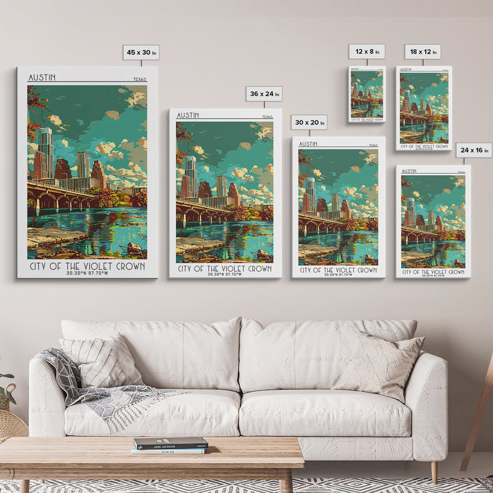 Austin Travel Poster, Framed Canvas Print, Travel Prints, Landscape Art, Travel Art Print, Home Office Decor, Wall Art, Travel Decor