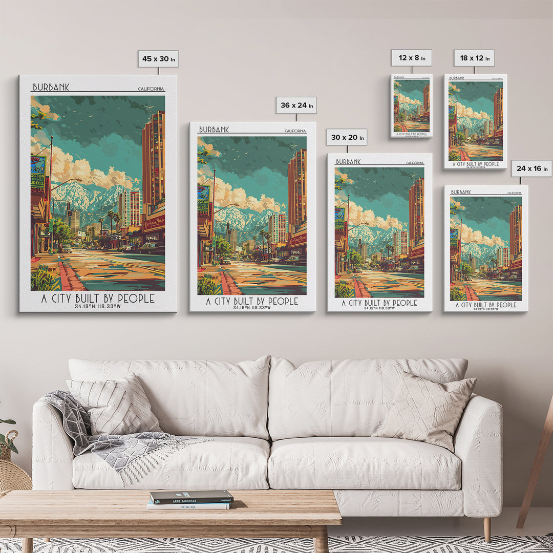 Burbank Travel Poster, Canvas Print, Retro Wall Art, Travel Print, Colorful Wall Art, City Illustration, Poster Print, Travel Prints