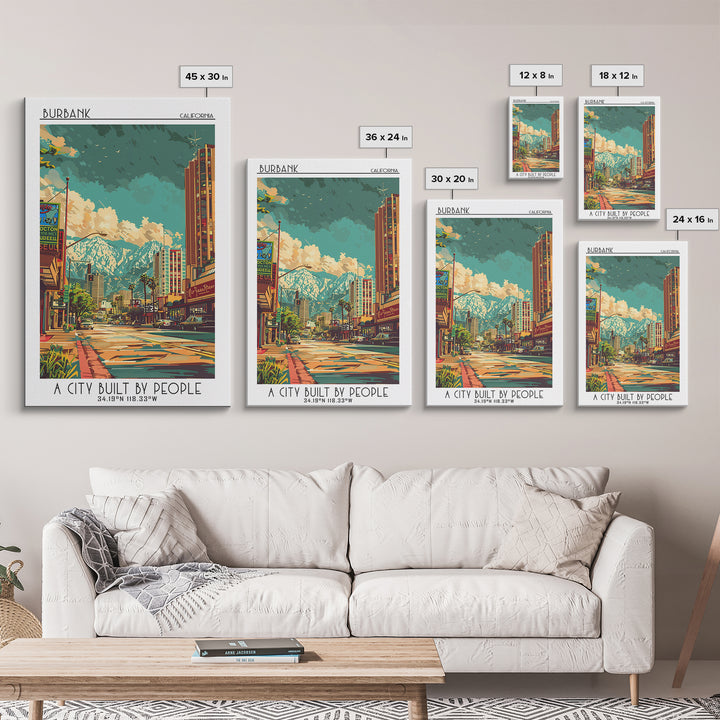 Burbank Travel Poster, Canvas Print, Retro Wall Art, Travel Print, Colorful Wall Art, City Illustration, Poster Print, Travel Prints