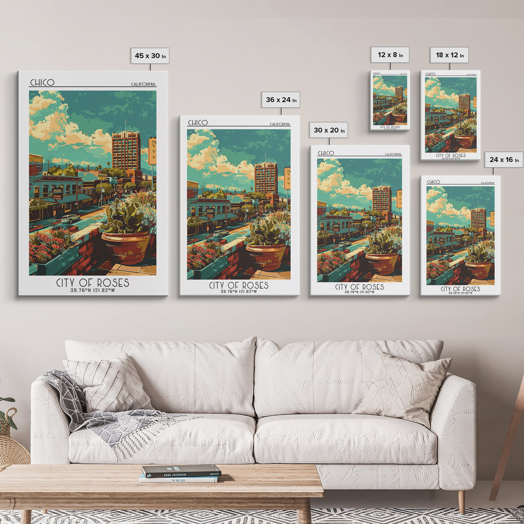 Chico Travel Poster, Framed Canvas Print, City Art Print, Travel Wall Art, Minimalist Poster, Mid Century Wall Art, Gallery Wall Set