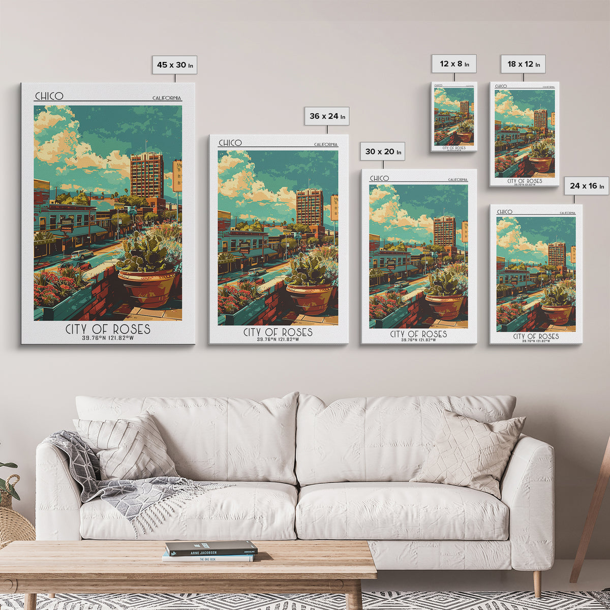 Chico Travel Poster, Framed Canvas Print, City Art Print, Travel Wall Art, Minimalist Poster, Mid Century Wall Art, Gallery Wall Set