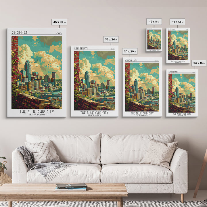 Cincinnati Travel Poster, Canvas Print, Retro Travel Poster, City Wall Art, Mid Century Wall Art, Travel Print, Watercolor Cityscape