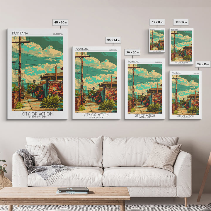 Fontana Travel Poster, Framed Canvas Print, Travel Wall Art, City Wall Art, Travel Print, Poster Print, Travel Decor, Retro Wall Art