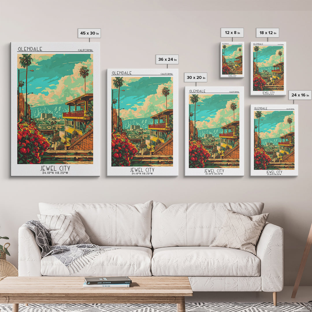 Glendale California Travel Poster, Framed Canvas Print, Travel Wall Decor, Minimalist Poster, Retro Travel Poster, City Illustration
