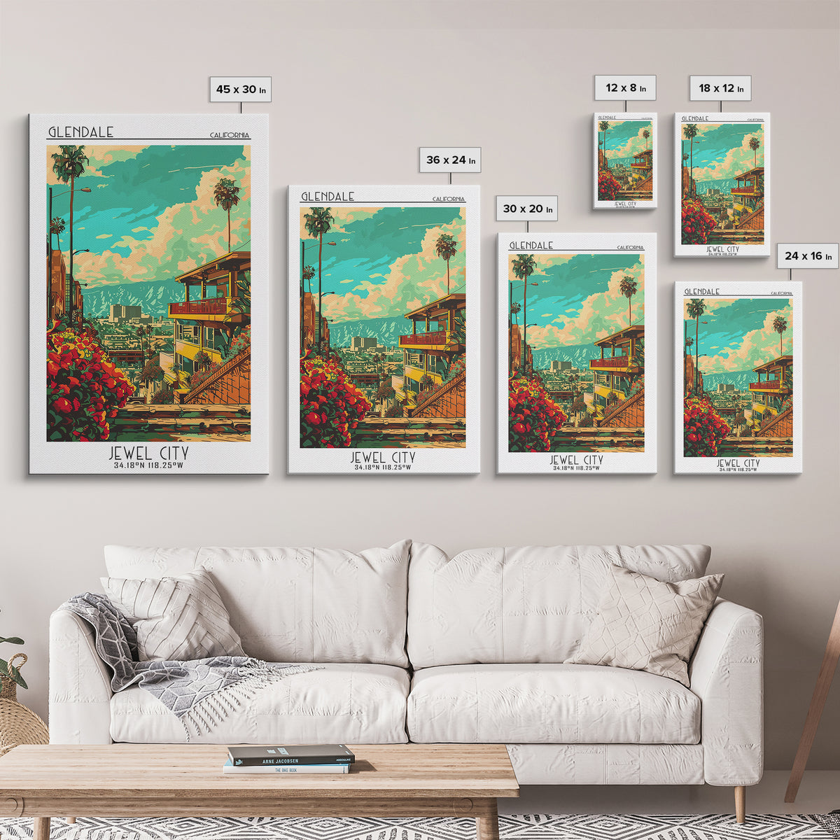 Glendale California Travel Poster, Framed Canvas Print, Travel Wall Decor, Minimalist Poster, Retro Travel Poster, City Illustration