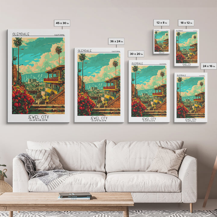 Glendale California Travel Poster, Framed Canvas Print, Travel Wall Decor, Minimalist Poster, Retro Travel Poster, City Illustration