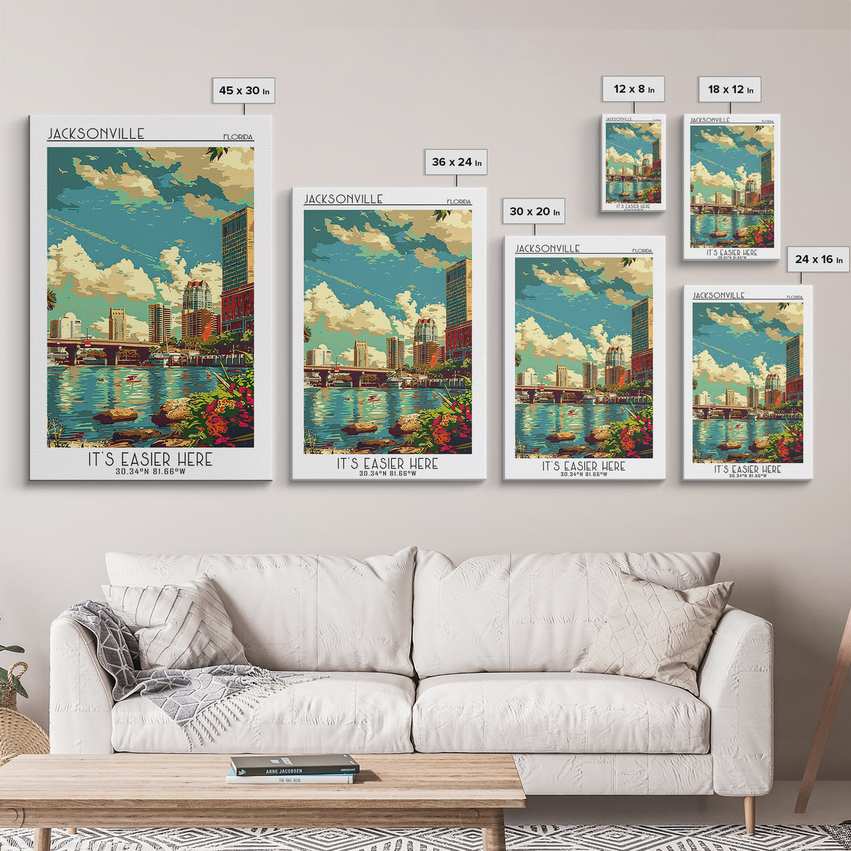 Jacksonville Travel Poster, Canvas Print, Poster Print, Travel Wall Art, Travel Decor, Travel Prints, Watercolor Cityscape, Wall Art