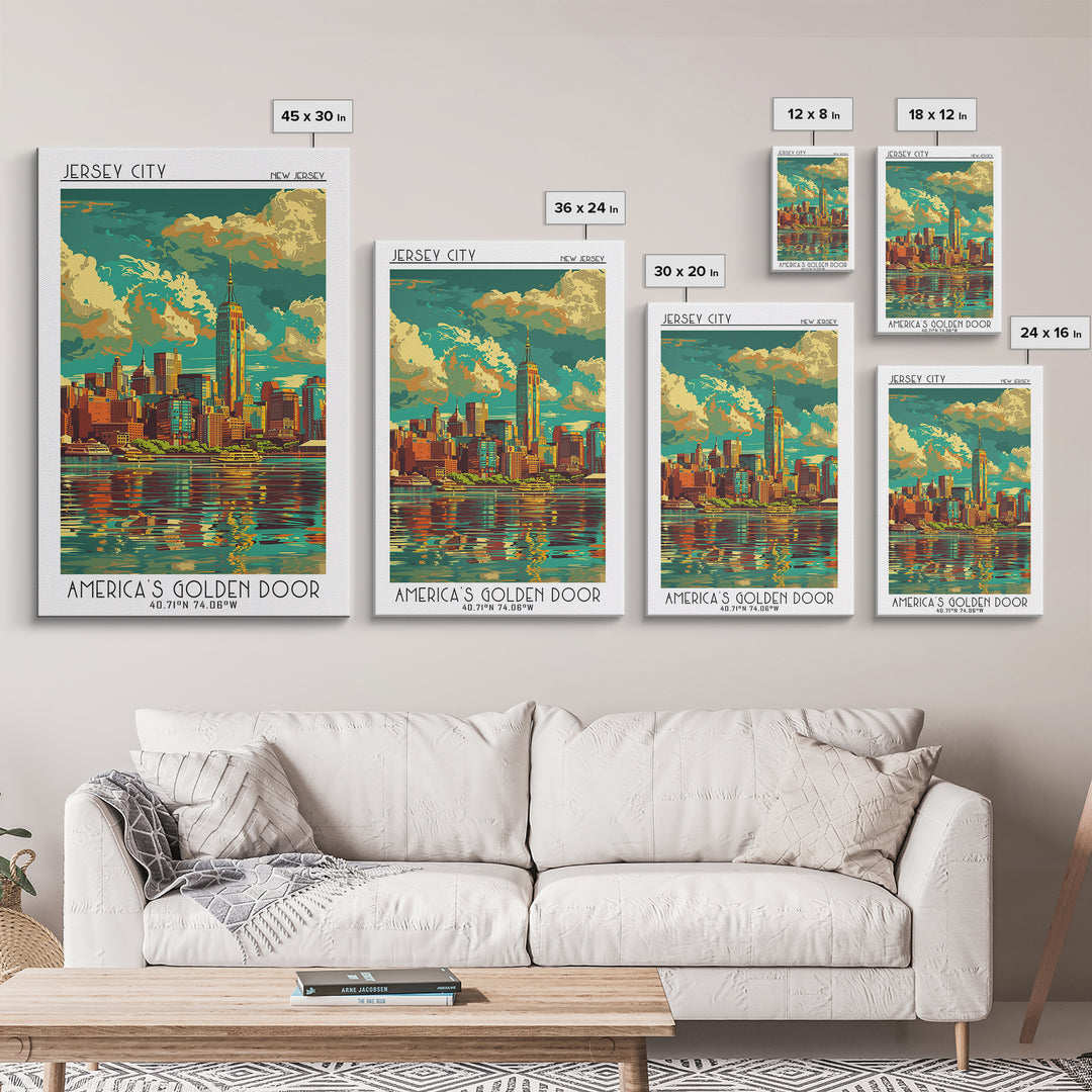 Jersey City Travel Poster, Framed Canvas Print, Retro Wall Art, Travel Print, Vintage Posters, Gallery Wall Set, Vintage City Poster
