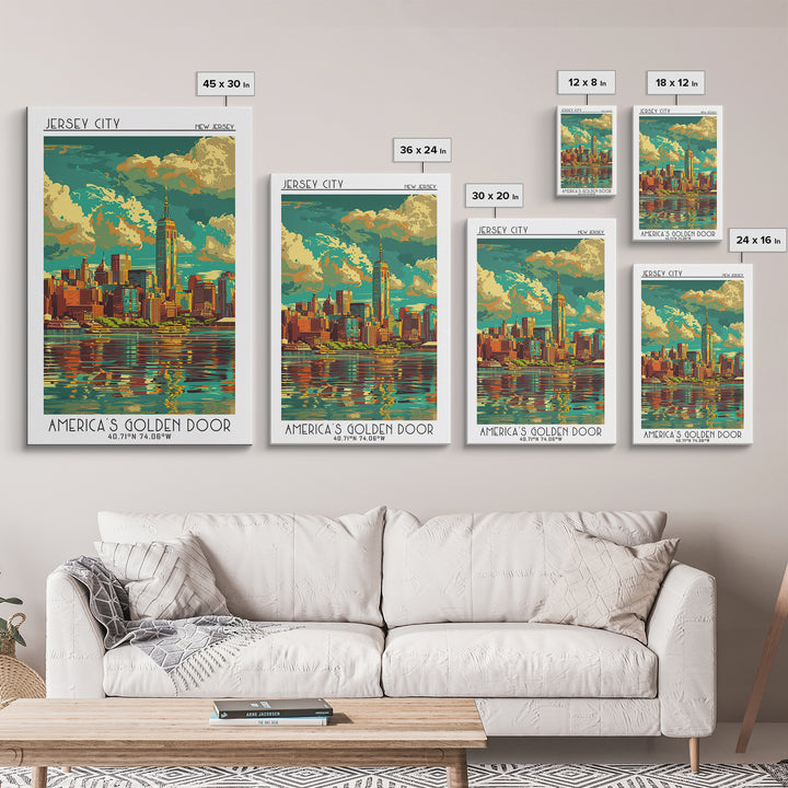 Jersey City Travel Poster, Framed Canvas Print, Retro Wall Art, Travel Print, Vintage Posters, Gallery Wall Set, Vintage City Poster