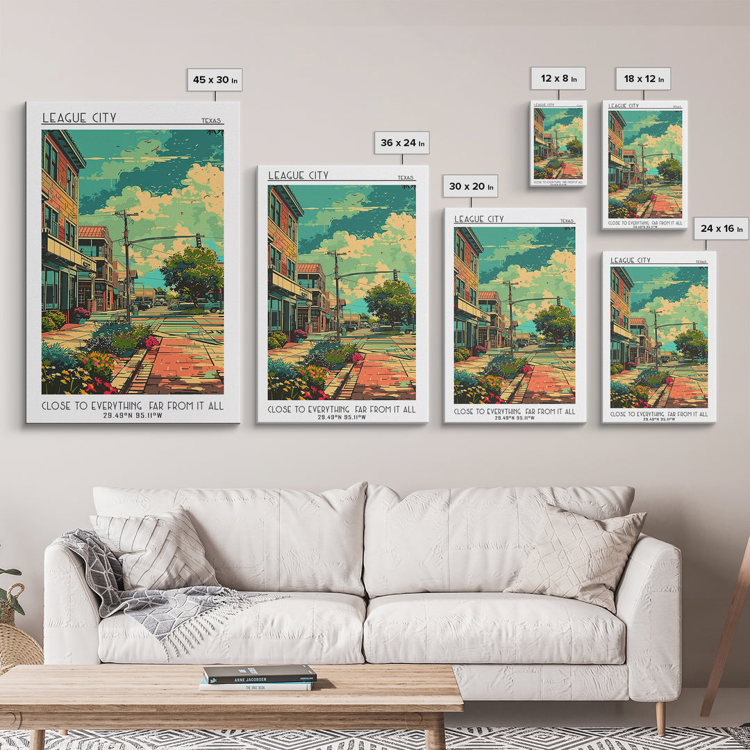 League City Travel Poster, Framed Canvas Print, City Art Print, Travel Wall Art, Landscape Art, Colorful Wall Art, City Illustration