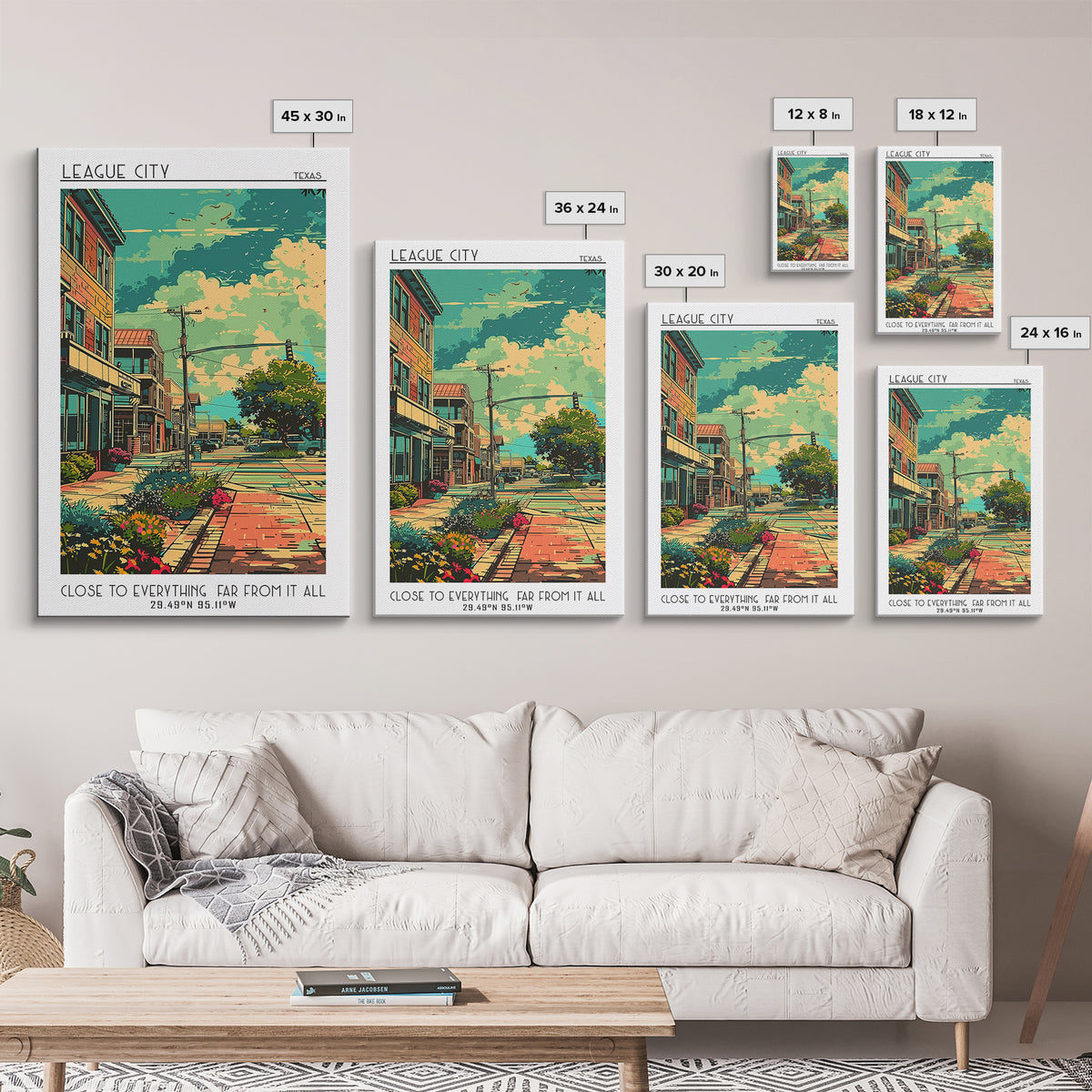 League City Travel Poster, Framed Canvas Print, City Art Print, Travel Wall Art, Landscape Art, Colorful Wall Art, City Illustration