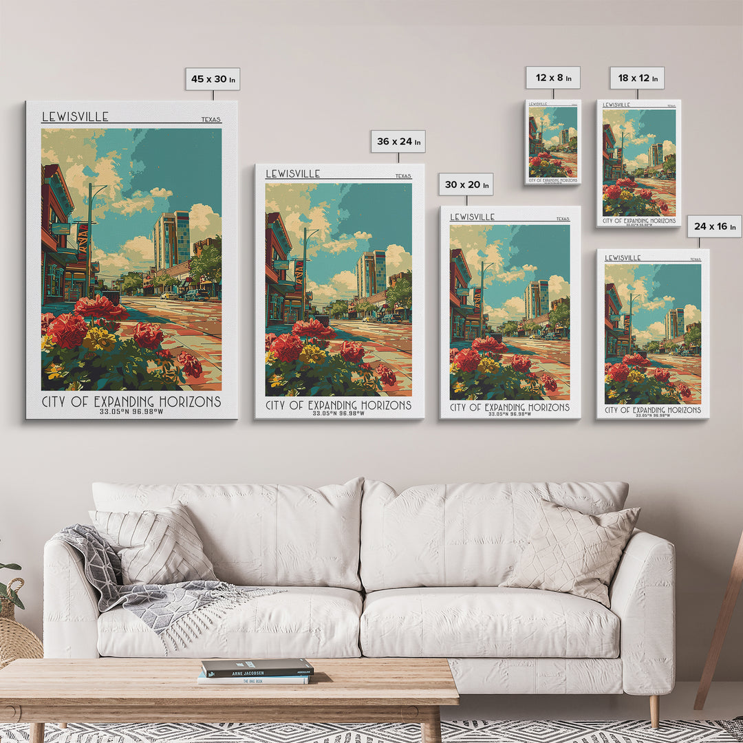 Lewisville Travel Poster, Framed Canvas Print, Travel Prints, Landscape Art, Retro Travel Poster, Poster Print, Watercolor Cityscape