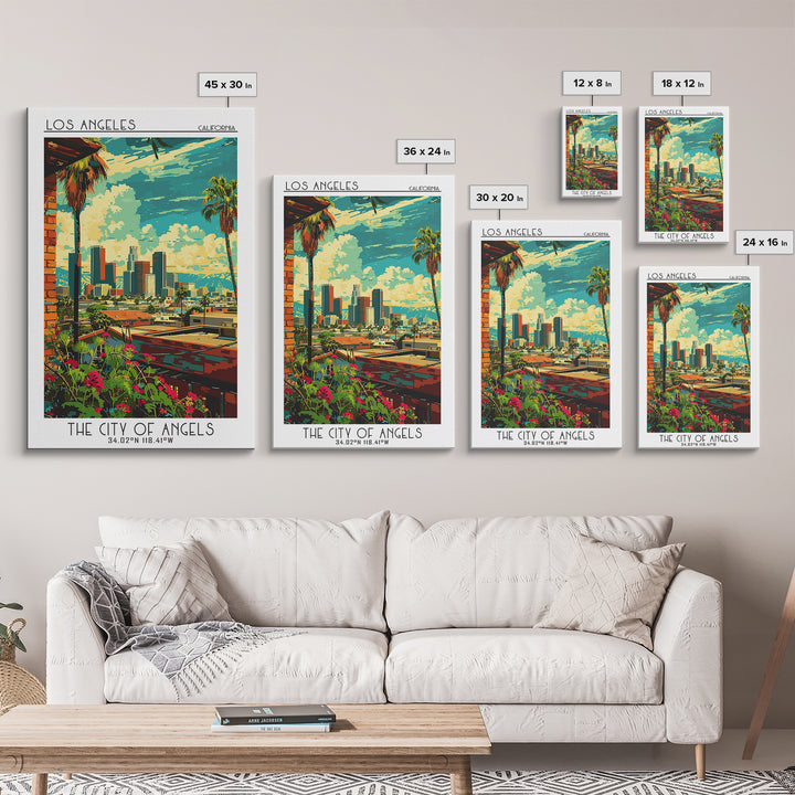 Los Angeles Travel Poster, Framed Canvas Print, Retro Wall Art, Travel Print, Wanderlust Gift, Vintage City Poster, Gallery Wall Set