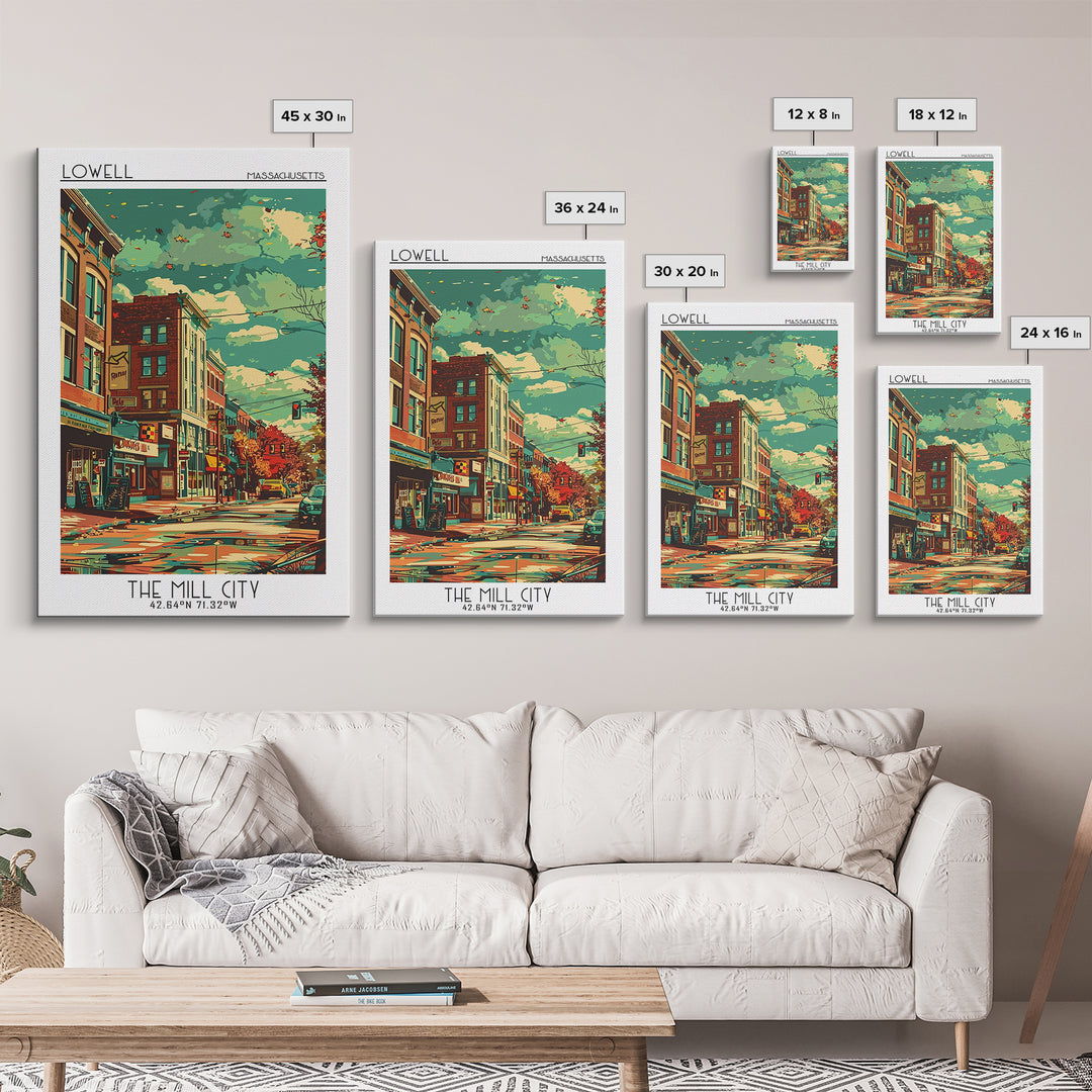 Lowell Travel Poster, Framed Canvas Print, Travel Art Print, Modern Wall Decor, Wall Art, Art Print, Travel Decor, Home Office Decor