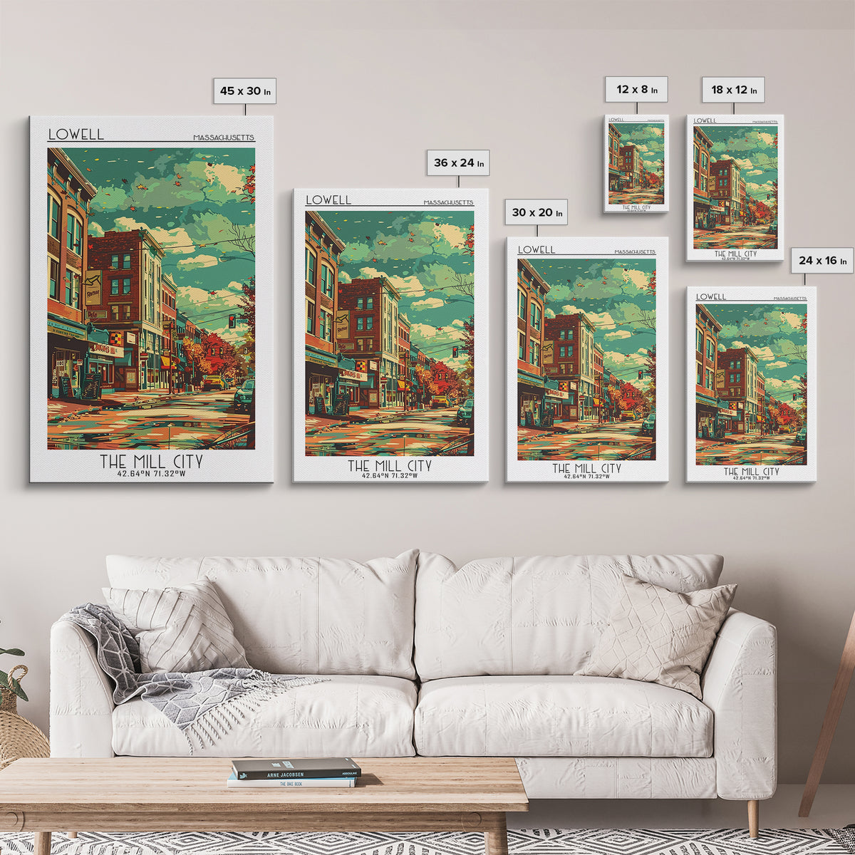 Lowell Travel Poster, Framed Canvas Print, Travel Art Print, Modern Wall Decor, Wall Art, Art Print, Travel Decor, Home Office Decor