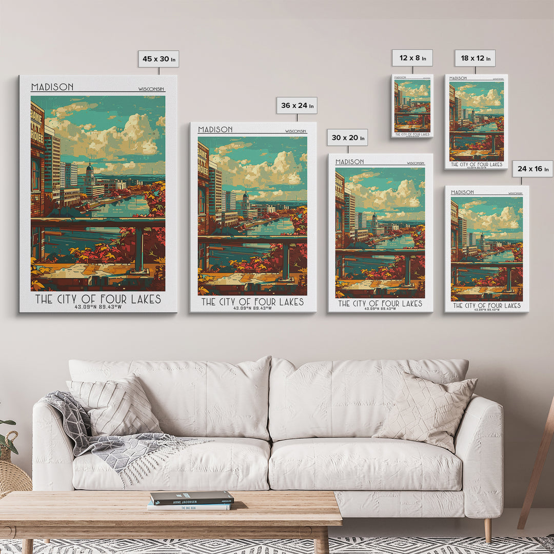 Madison Travel Poster, Framed Canvas Print, Retro Travel Poster, City Wall Art, Home Office Decor, Fine Art Print, Colorful Wall Art