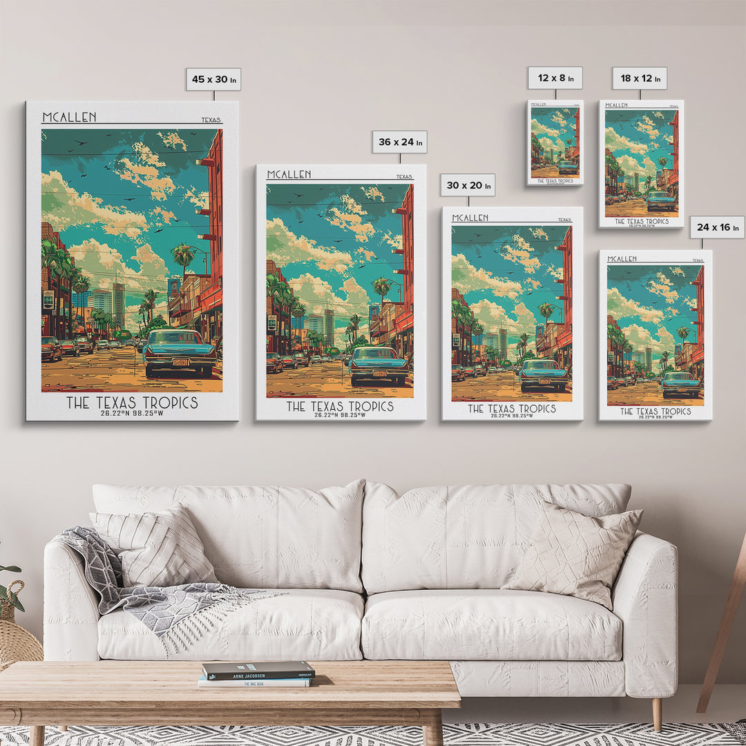 McAllen Travel Poster, Framed Canvas Print, Travel Art Print, Modern Wall Decor, City Illustration, Gallery Wall Set, Fine Art Print
