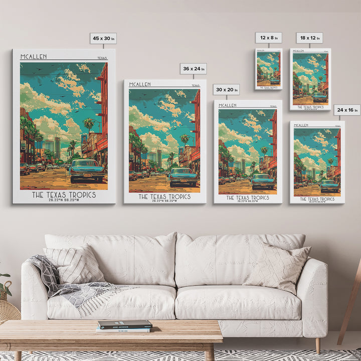 McAllen Travel Poster, Framed Canvas Print, Travel Art Print, Modern Wall Decor, City Illustration, Gallery Wall Set, Fine Art Print