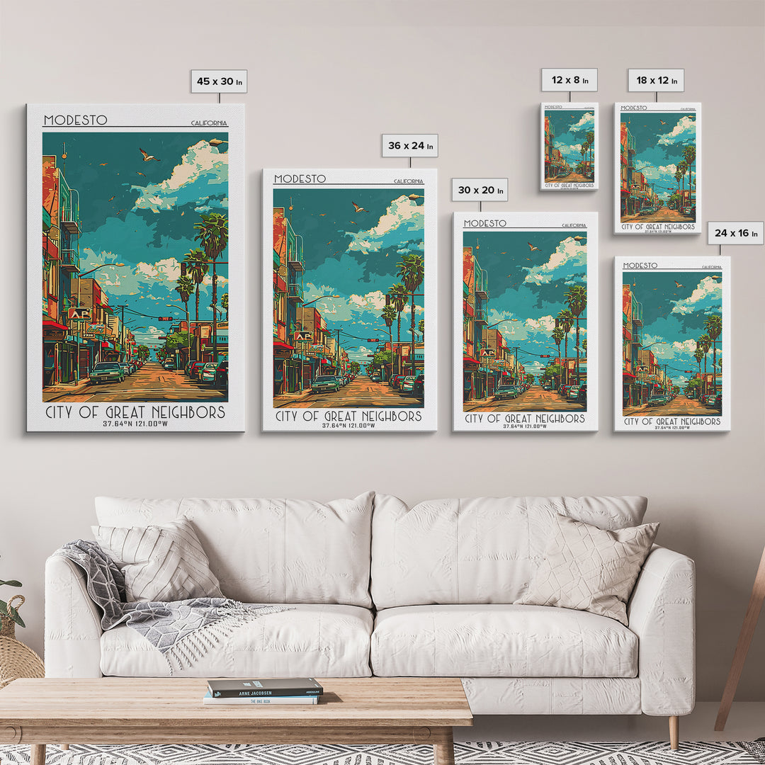 Modesto Travel Poster, Canvas Print, Travel Wall Art, City Wall Art, City Illustration, Travel Print, Vintage Poster, City Art Print