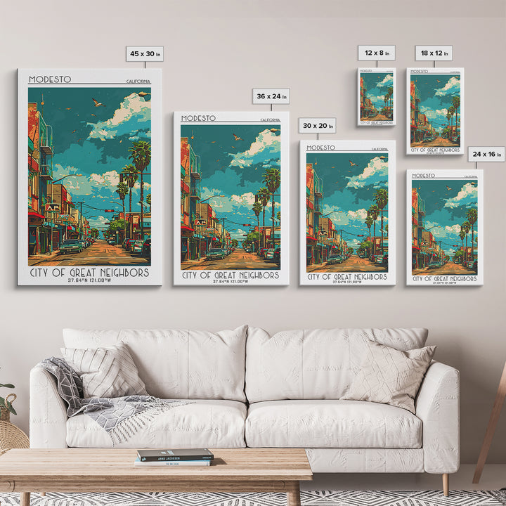 Modesto Travel Poster, Canvas Print, Travel Wall Art, City Wall Art, City Illustration, Travel Print, Vintage Poster, City Art Print