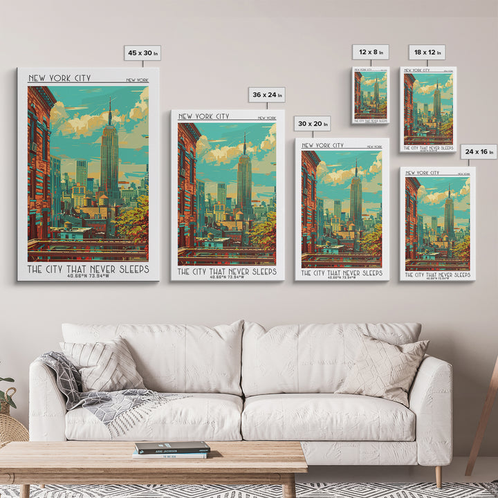 New York Travel Poster, Framed Canvas Print, Travel Wall Art, City Wall Art, Retro Wall Art, Mid Century Wall Art, Colorful Wall Art