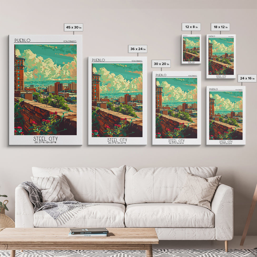 Pueblo Travel Poster, Framed Canvas Print, Retro Wall Art, Travel Print, Home Decor, Watercolor Cityscape, Wall Art, Wanderlust Gift