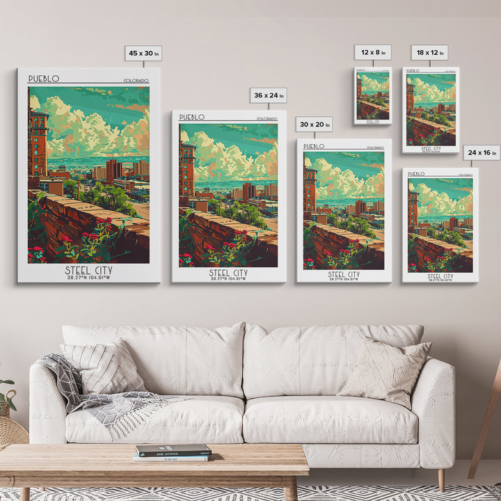 Pueblo Travel Poster, Framed Canvas Print, Retro Wall Art, Travel Print, Home Decor, Watercolor Cityscape, Wall Art, Wanderlust Gift