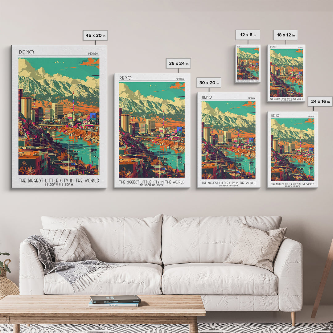 Reno Travel Poster, Framed Canvas Print, Travel Wall Art, City Wall Art, Wall Art, Art Print, Retro Travel Poster, Home Office Decor