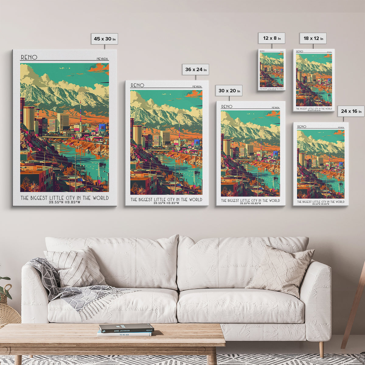 Reno Travel Poster, Framed Canvas Print, Travel Wall Art, City Wall Art, Wall Art, Art Print, Retro Travel Poster, Home Office Decor