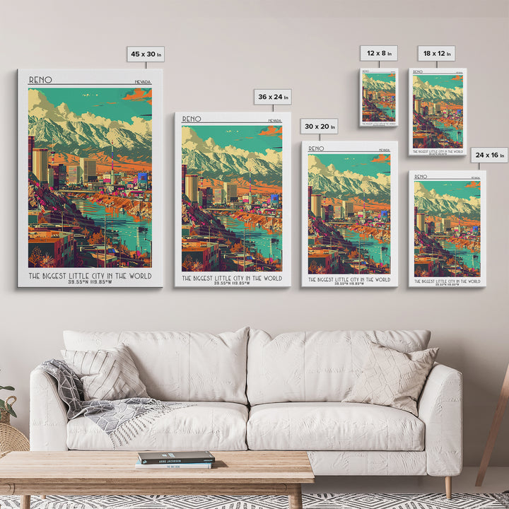 Reno Travel Poster, Framed Canvas Print, Travel Wall Art, City Wall Art, Wall Art, Art Print, Retro Travel Poster, Home Office Decor
