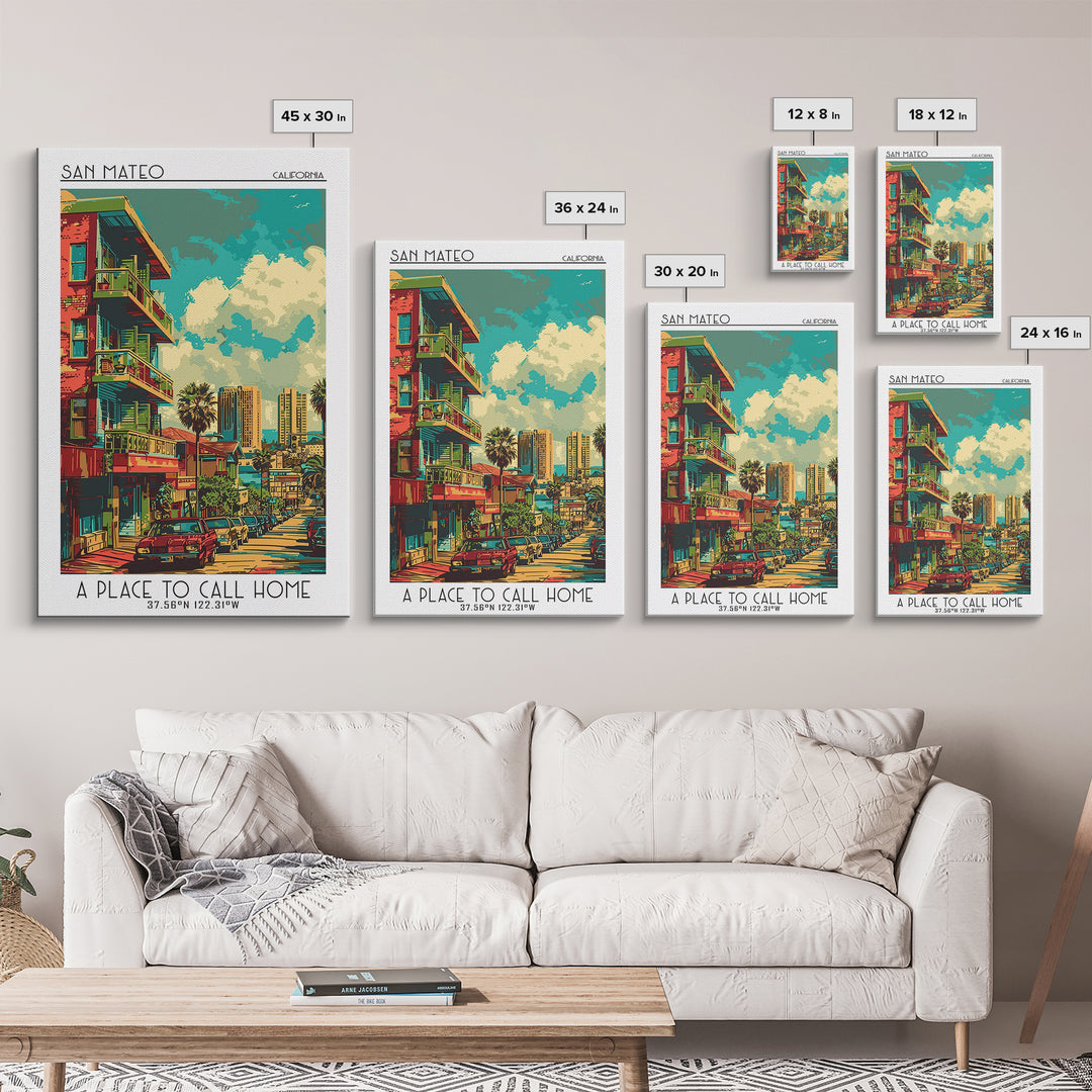 San Mateo Travel Poster, Framed Canvas Print, Retro Travel Poster, City Wall Art, Travel Art Print, Minimalist Poster, Landscape Art