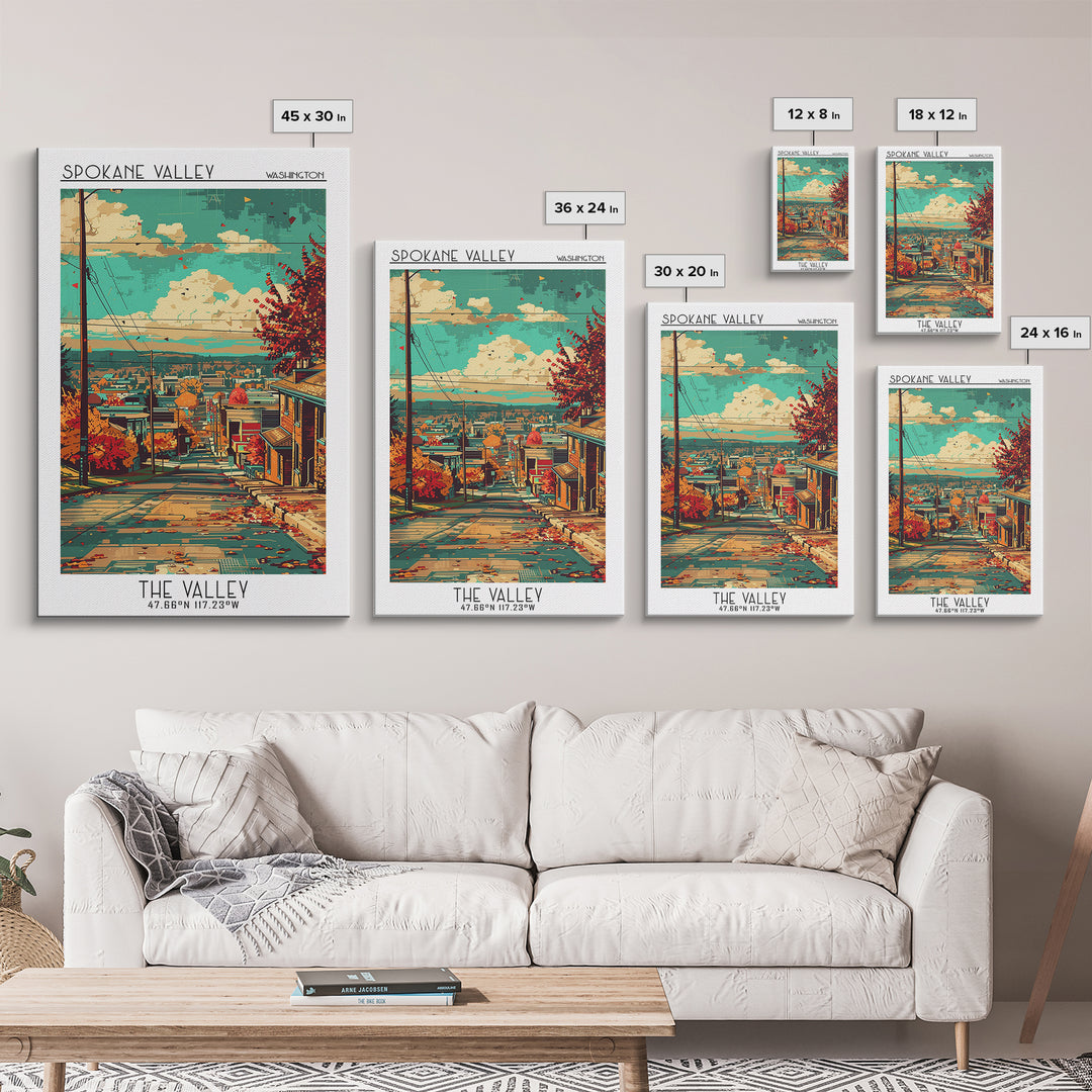 Spokane Valley Travel Poster, Framed Canvas Print, Travel Wall Art, City Wall Art, City Travel Poster, Travel Prints, Retro Wall Art