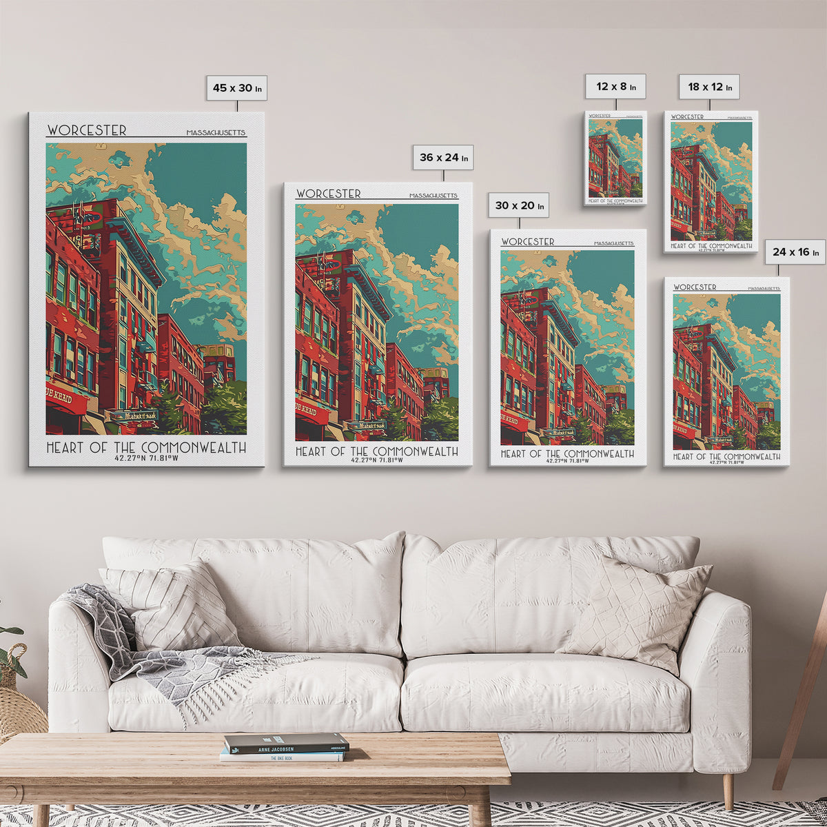 Worcester Travel Poster, Framed Canvas Print, Travel Prints, Landscape Art, Living Room Wall Art, Watercolor Cityscape, Travel Print