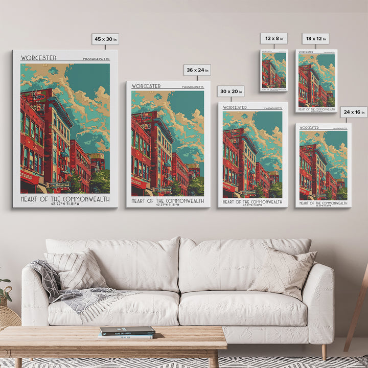 Worcester Travel Poster, Framed Canvas Print, Travel Prints, Landscape Art, Living Room Wall Art, Watercolor Cityscape, Travel Print