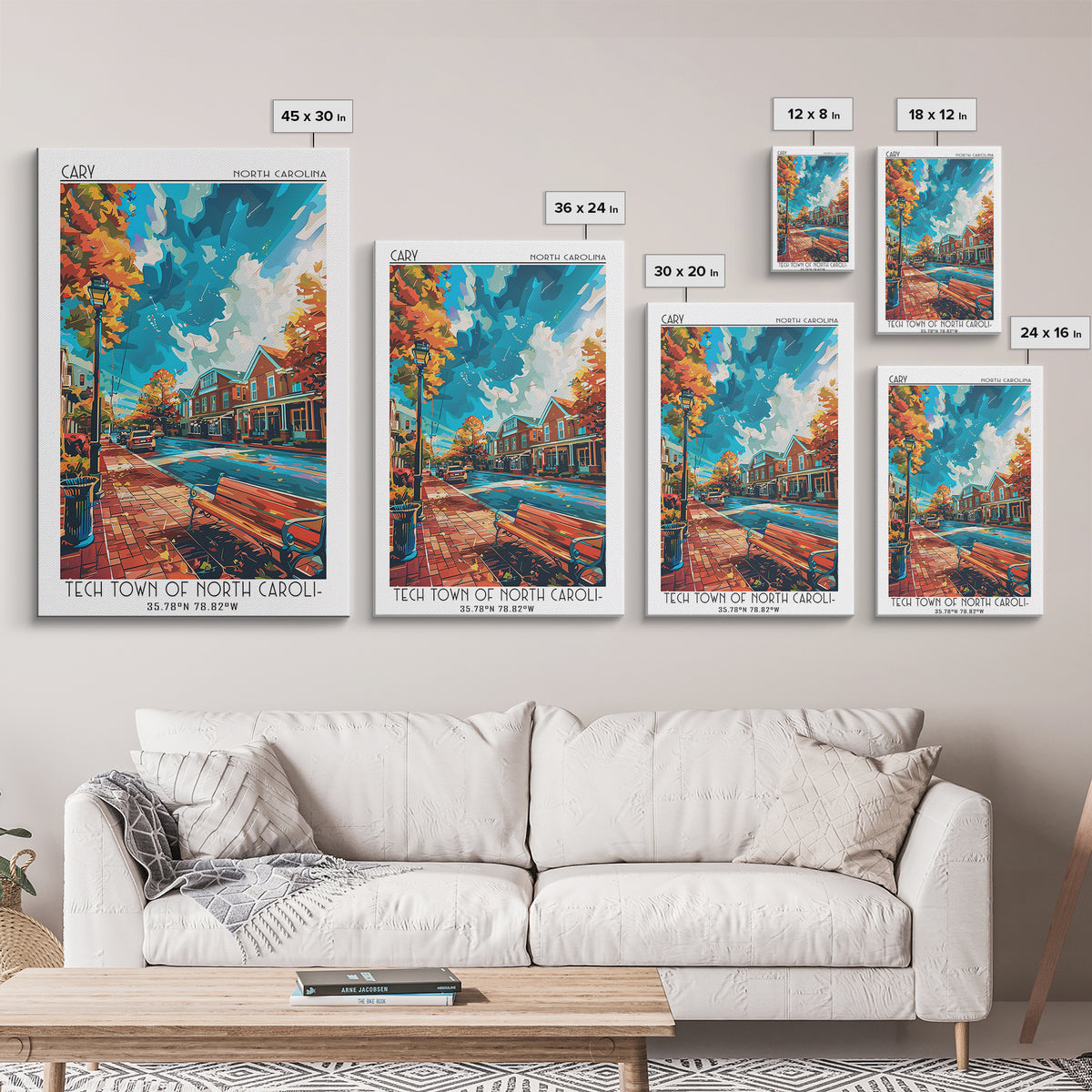 Cary Travel Poster, Framed Canvas Print, Retro Wall Art, Travel Print, Vintage City Poster, Retro Travel Print, Living Room Wall Art
