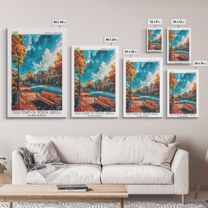 Cary Travel Poster, Framed Canvas Print, Retro Wall Art, Travel Print, Vintage City Poster, Retro Travel Print, Living Room Wall Art
