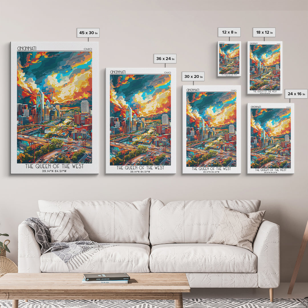 Cincinnati Travel Poster, Canvas Print, Travel Prints, Landscape Art, Vintage Travel, Wanderlust Gift, City Wall Art, Retro Wall Art
