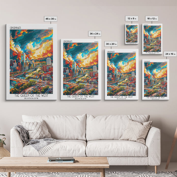 Cincinnati Travel Poster, Canvas Print, Travel Prints, Landscape Art, Vintage Travel, Wanderlust Gift, City Wall Art, Retro Wall Art