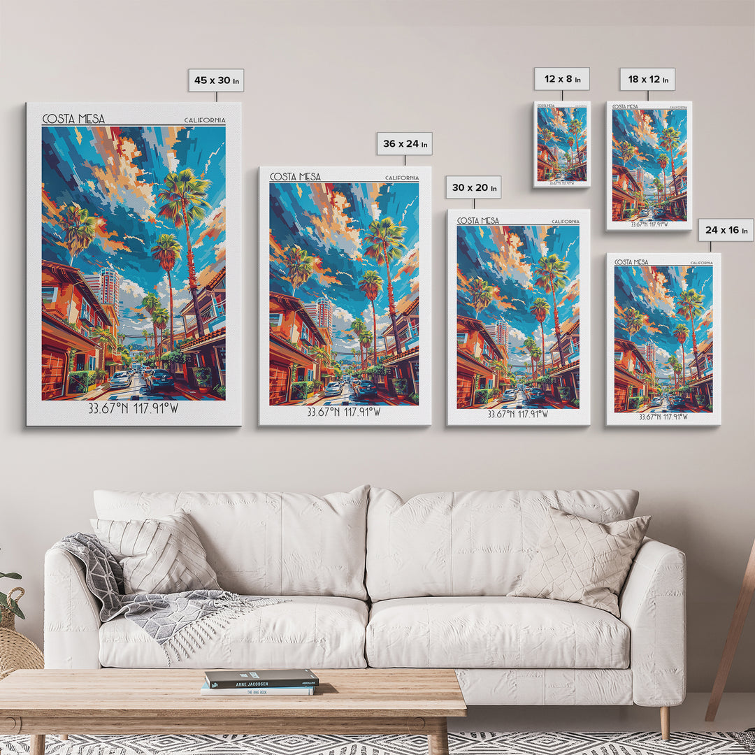 Costa Mesa Travel Poster, Framed Canvas Print, City Travel Poster, Vintage City Poster, Wall Art, City Illustration, Wanderlust Gift
