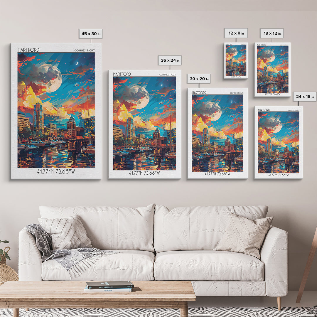 Hartford Travel Poster, Framed Canvas Print, Vintage Travel Print, City Wall Art, City Art Print, Mid Century Wall Art, Poster Print