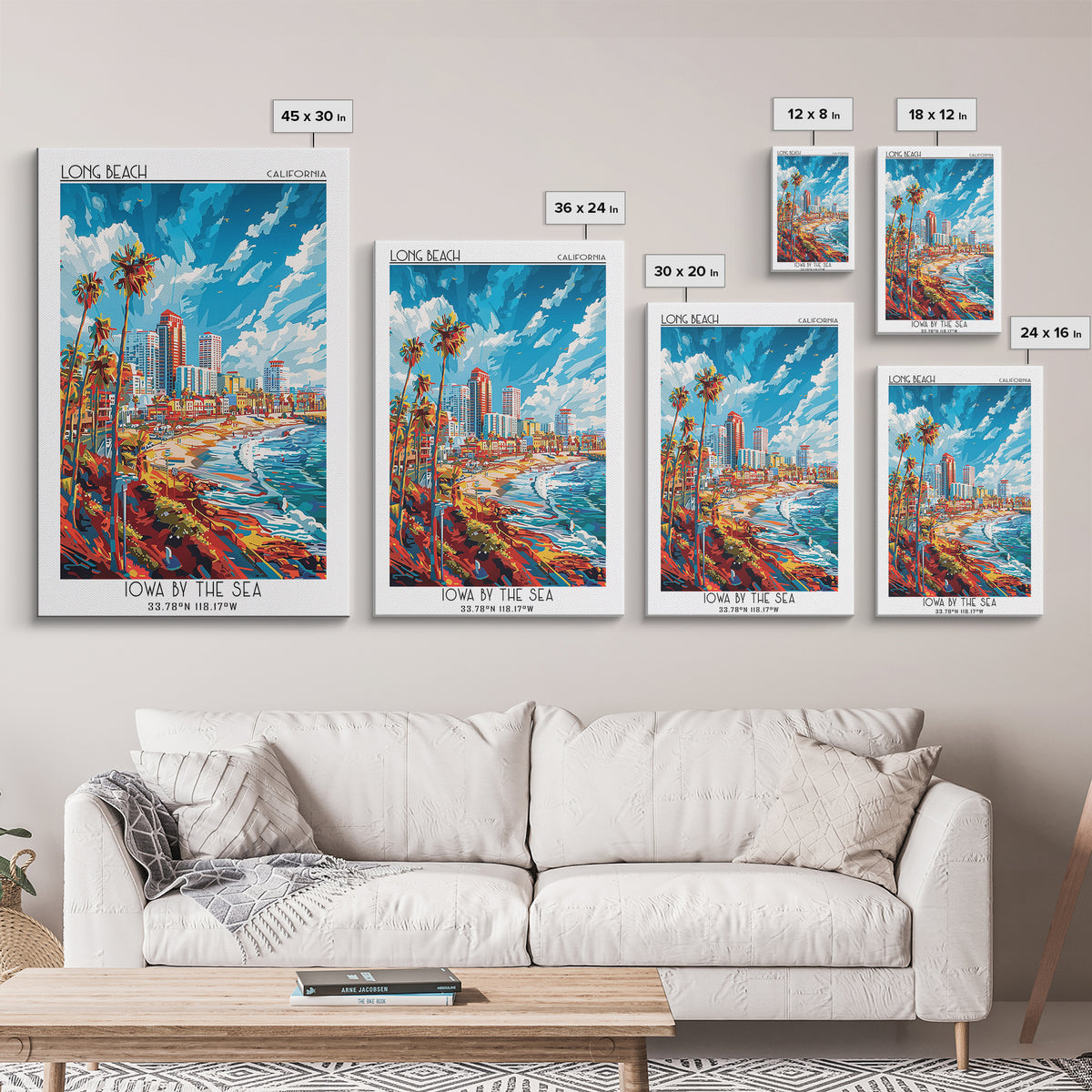 Long Beach Travel Poster, Framed Canvas Print, Travel Prints, Landscape Art, Watercolor Cityscape, Retro Wall Art, Colorful Wall Art