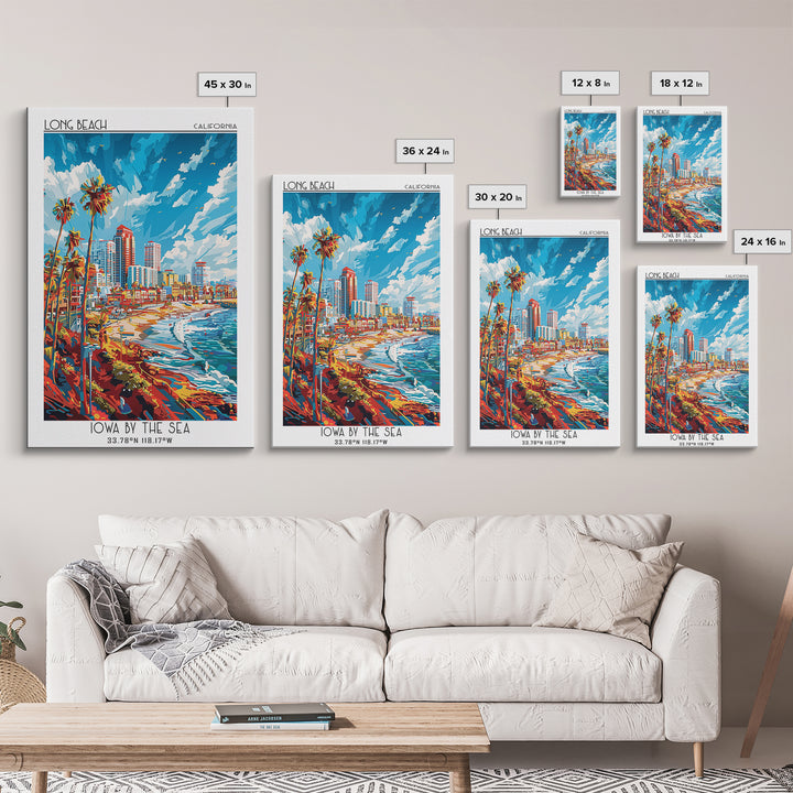 Long Beach Travel Poster, Framed Canvas Print, Travel Prints, Landscape Art, Watercolor Cityscape, Retro Wall Art, Colorful Wall Art