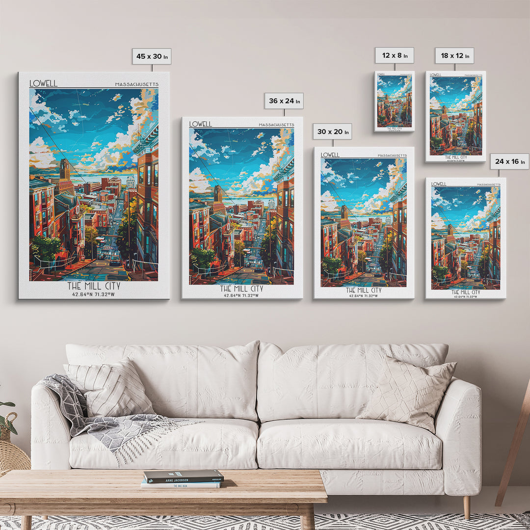 Lowell Travel Poster, Framed Canvas Print, City Travel Poster, Travel Wall Art, Watercolor Cityscape, Home Decor, Retro Travel Print