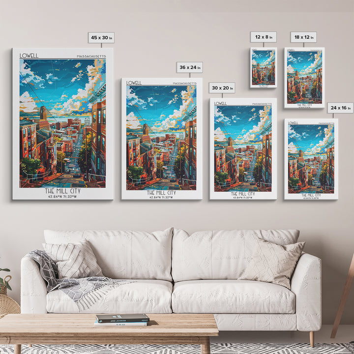 Lowell Travel Poster, Framed Canvas Print, City Travel Poster, Travel Wall Art, Watercolor Cityscape, Home Decor, Retro Travel Print