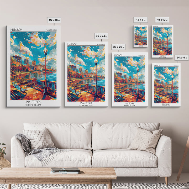 Madison Travel Poster, Framed Canvas Print, Travel Wall Art, City Wall Art, Retro Travel Poster, Travel Prints, Mid Century Wall Art