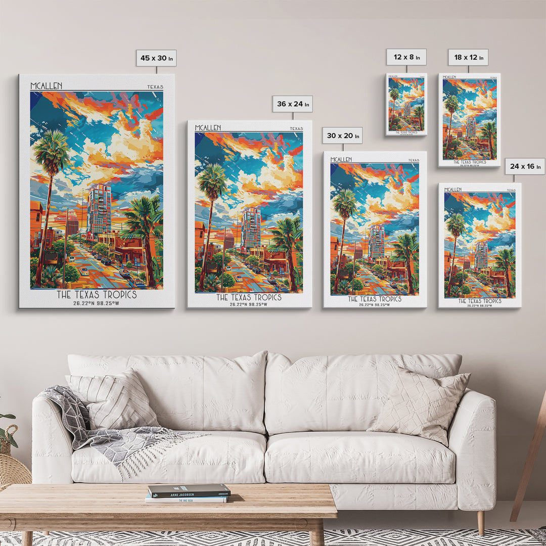 McAllen Travel Poster, Framed Canvas Print, Retro Wall Art, Travel Print, Home Decor, City Illustration, Art Print, Travel Art Print